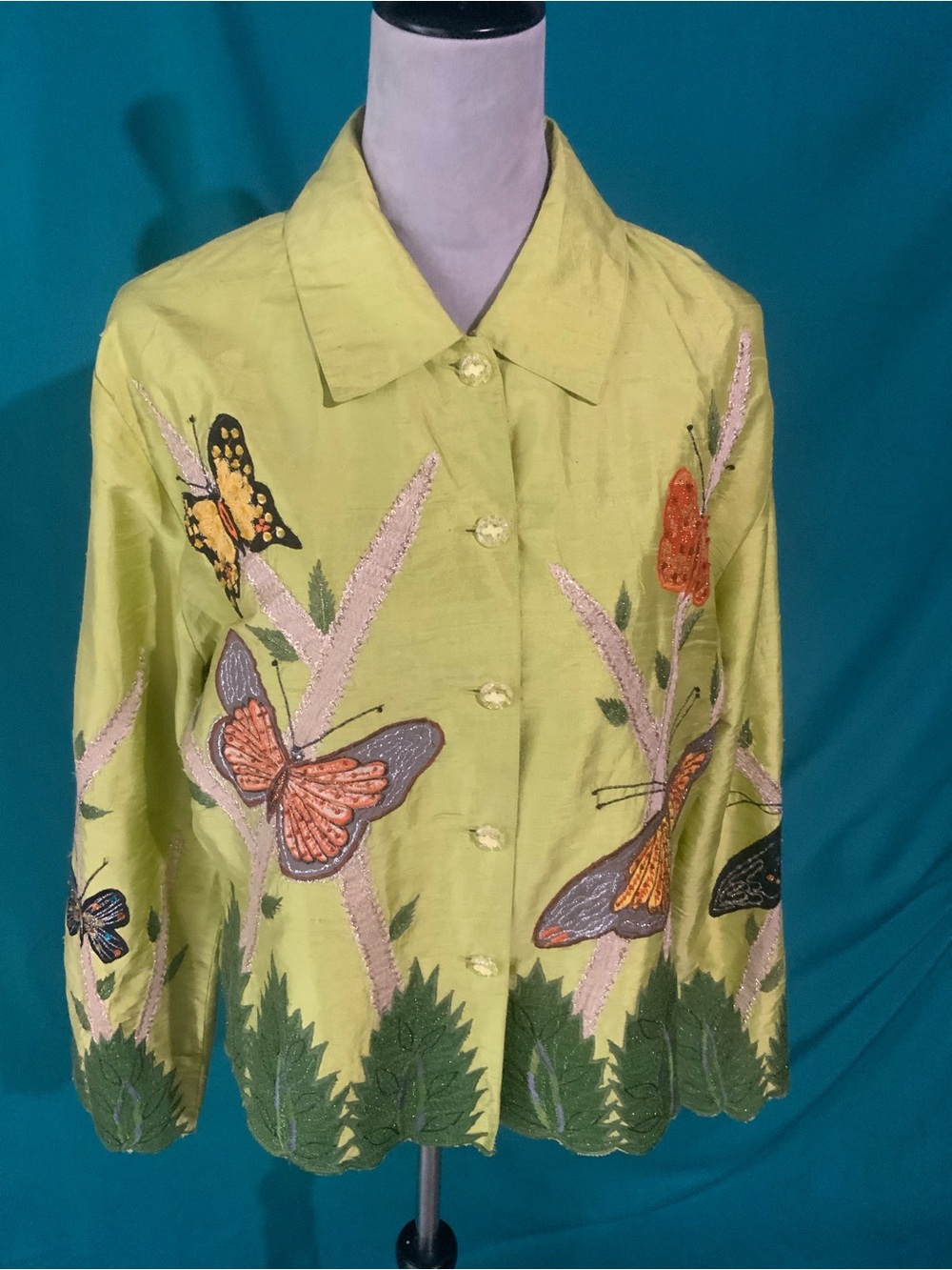 VINTAGE TUNIQUE CHARTREUSE/LIME YELLOW SILK JACKET W/INTRICATE BUTTERFLY DESIGN